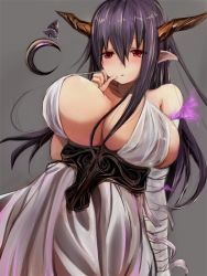 Rule 34 | 10s, 1girl, 8gou, bandages, bare shoulders, breasts, danua, draph, granblue fantasy, grey background, horns, huge breasts, parted lips, pointy ears, red eyes, simple background, solo