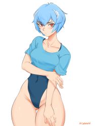 Rule 34 | 1girl, absurdres, ayanami rei, blue hair, blue one-piece swimsuit, blue shirt, blush, breasts, caprara, collarbone, commentary, covered navel, cowboy shot, cropped shirt, english commentary, gluteal fold, highleg, highleg leotard, highres, holding own arm, interface headset, leotard, looking at viewer, medium breasts, messy hair, neon genesis evangelion, one-piece swimsuit, red eyes, shirt, short hair, solo, standing, swimsuit, swimsuit under clothes, thick thighs, thigh gap, thighs, twitter username, white background, wide hips