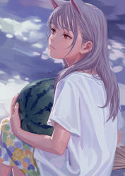 Rule 34 | 1girl, animal ears, artist name, cat ears, feet out of frame, feiqizi (fkey), fkey, floral print, food, fruit, highres, holding, holding food, holding fruit, long hair, original, red eyes, shirt, short sleeves, sidelocks, signature, silver hair, sitting, skirt, solo, watermelon, white shirt
