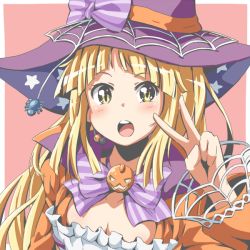 Rule 34 | 10s, 1girl, :o, bang dream!, blonde hair, blush, bow, bowtie, breasts, bug, cleavage, hat, hat bow, headset, jack-o&#039;-lantern, long hair, long sleeves, looking at viewer, pink background, print headwear, purple bow, purple bowtie, riai (onsen), silk, simple background, solo, spider, spider web, star (symbol), star print, striped bow, striped bowtie, striped clothes, striped neckwear, tsurumaki kokoro, upper body, v, witch hat, yellow eyes