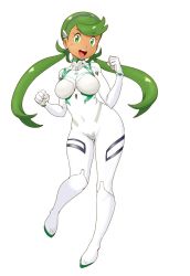 Rule 34 | 1girl, :d, ayanami rei, ayanami rei (cosplay), breasts, cosplay, creatures (company), dark-skinned female, dark skin, full body, game freak, green eyes, green hair, highres, large breasts, long hair, mallow (pokemon), neon genesis evangelion, nintendo, open mouth, plugsuit, pokemon, pokemon sm, simple background, smile, solo, teeth, tof, twintails, upper teeth only, white background