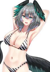 Rule 34 | 1girl, :d, absurdres, aqua eyes, arknights, armpits, arms behind head, arms up, bikini, blue sealad, breasts, commentary, fang, grey hair, head wings, highres, ho&#039;olheyak (arknights), large breasts, looking at viewer, navel, open mouth, short hair, simple background, smile, solo, stomach, striped bikini, striped clothes, swimsuit, tail, upper body, white background, wings