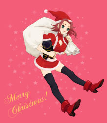 Rule 34 | 00s, 1girl, boots, breasts, christmas, cleavage, cleavage cutout, clothing cutout, code geass, full body, hat, kouzuki kallen, large breasts, plum (arch), red hair, santa costume, santa hat, skirt, solo, thighhighs, zettai ryouiki