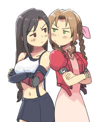 Rule 34 | 2girls, aerith gainsborough, black gloves, black hair, black skirt, brown hair, collarbone, commentary, cowboy shot, crop top, crossed arms, dress, elbow gloves, elbow pads, final fantasy, final fantasy vii, fingerless gloves, gloves, green eyes, jacket, jitome, long hair, low-tied long hair, midriff, multiple girls, navel, parted bangs, pink dress, pout, purple eyes, red jacket, shirt, shoulder-to-shoulder, skirt, symbol-only commentary, tifa lockhart, tsubobot, white shirt
