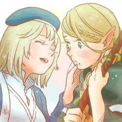 Rule 34 | 2girls, blonde hair, blue robe, blush, braid, braided ponytail, closed eyes, crumbs, dungeon meshi, elf, falin touden, falin touden (tallman), food, food on face, green eyes, green robe, hand on another&#039;s face, highres, looking at another, marcille donato, multiple girls, pointy ears, robe, smalltung, smile, staff, yuri