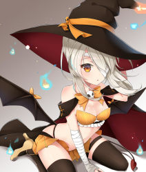 Rule 34 | 1girl, ayanami (azur lane), ayanami (witch in ambush) (azur lane), azur lane, bandage over one eye, bat wings, bikini, bikini top only, breasts, cape, cleavage, commentary request, detached sleeves, fake wings, grey background, hair between eyes, hat, hat ribbon, hitodama, long hair, looking at viewer, navel, parted lips, pleated skirt, ponytail, ribbon, shiruko (27anko), sidelocks, simple background, sitting, skirt, solo, stomach, swimsuit, wariza, wings, witch hat