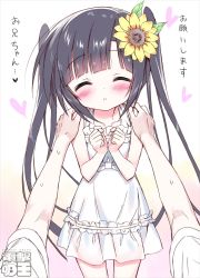 Rule 34 | 1girl, arms up, black hair, blush, clenched hands, dengeki moeou, dokidoki sister aoi-chan, dress, closed eyes, flower, hair flower, hair ornament, hands on another&#039;s shoulders, highres, incoming kiss, kohinata aoi (dokidoki sister aoi-chan), long hair, pov, pov hands, solo focus, sundress, takahashi tetsuya, translation request, twintails, very long hair, watermark, white dress