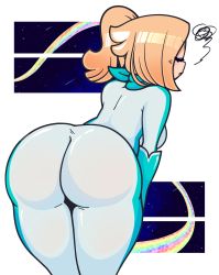 Rule 34 | 1girl, absurdres, annoyed, ass, bent over, biker clothes, bikesuit, blonde hair, blue bodysuit, blue gloves, blue scarf, bodysuit, breasts, closed eyes, closed mouth, elbow gloves, eyelashes, from behind, gloves, gonenannurs, highres, large breasts, lips, long sleeves, mario (series), mario kart, mario kart wii, nintendo, official alternate costume, pink lips, ponytail, racing suit, rosalina, scarf, shiny clothes, solo, squiggle, white background, white bodysuit