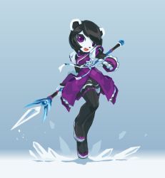 Rule 34 | 1girl, animal ears, armor, black hair, blue background, bodysuit, boots, detached sleeves, freedom planet, freedom planet 2, furry, galaxytrail, highres, ice, looking at viewer, neera li, official art, open mouth, panda, panda ears, purple eyes, short hair, shoulder armor, staff, thigh boots, thighhighs, tyson tan, zettai ryouiki