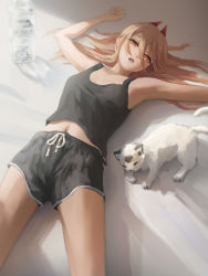 Rule 34 | 1girl, :o, absurdres, ao desu2222, armpits, black shorts, black tank top, blonde hair, cat, chainsaw man, demon girl, demon horns, dolphin shorts, fang, highres, horns, looking at viewer, lying, meowy (chainsaw man), midriff, navel, on back, open mouth, orange eyes, outstretched arms, power (chainsaw man), shorts, solo, spread arms, tank top