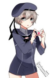 Rule 34 | 10s, 1girl, bad id, bad pixiv id, blue eyes, clothes writing, dress, hat, heart, heart hands, kantai collection, looking at viewer, open mouth, sailor dress, sailor hat, short hair, silver hair, simple background, solo, toto (ritoto), twitter username, z1 leberecht maass (kancolle)