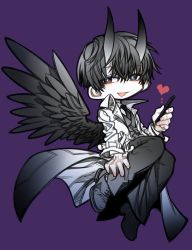 Rule 34 | 1boy, :d, black eyes, black hair, black necktie, black wings, bright pupils, collared shirt, feathered wings, heart, highres, holding, holding phone, horns, kim dokja, knees together feet apart, long sleeves, male focus, necktie, omniscient reader&#039;s viewpoint, open mouth, pale skin, phone, purple background, shirt, short (lout), sideways glance, simple background, smile, solo, spoilers, symbol-shaped pupils, vest, white pupils, wings