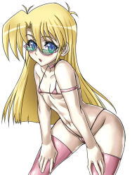 Rule 34 | 1girl, ass, blonde hair, blue eyes, breasts, female focus, glasses, hajime shindo, long hair, open mouth, rebecca hopkins, small breasts, solo, source request, swimsuit, yu-gi-oh!, yu-gi-oh! duel monsters