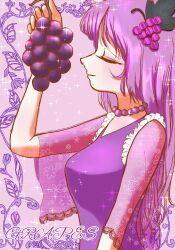 Rule 34 | 1girl, bead necklace, beads, closed eyes, dress, english text, food, food-themed hair ornament, frilled sleeves, frills, from side, fruit, grape hair ornament, grapes, hair ornament, highres, jewelry, leaf hair ornament, long hair, machao, necklace, original, profile, purple dress, purple hair, purple theme, see-through, see-through sleeves, solo, sparkle, upper body