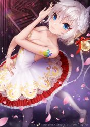 Rule 34 | 1girl, ango, ankkoyom, ballerina, blue eyes, bow, braid, carpet, cherry blossoms, copyright notice, dancing, dress, feathers, frills, gem, hair ribbon, highres, image sample, light bulb, looking at viewer, miu (qurare), qurare magic library, red bow, ribbon, shoes, signature, smile, solo, stairs, tattoo, white bow, white dress, white footwear