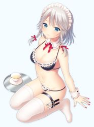 Rule 34 | 1girl, bare arms, bare shoulders, bikini, black bikini, blue background, blue eyes, braid, breasts, cleavage, closed mouth, cup, detached collar, full body, hair ribbon, highres, holster, izayoi sakuya, knife, looking at viewer, maid headdress, medium breasts, nail polish, navel, no shoes, red nails, red ribbon, ribbon, ribbon-trimmed bikini, ribbon trim, saucer, silver hair, simple background, sitting, skindentation, solo, sweatdrop, swimsuit, tea, teacup, thigh holster, thighhighs, touhou, tray, twin braids, white thighhighs, wrist cuffs, yamayu