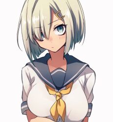 Rule 34 | 1girl, blue eyes, blue sailor collar, blush, breasts, closed mouth, eyelashes, grey hair, hair ornament, hair over one eye, hairclip, hamakaze (kancolle), highres, kantai collection, large breasts, looking at viewer, neckerchief, revision, sailor collar, school uniform, serafuku, short hair, short sleeves, simple background, solo, sumoffu, upper body, white background, yellow neckerchief