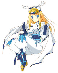 Rule 34 | 1girl, alternate color, alternate hair color, arc system works, blazblue, blazblue: continuum shift, blonde hair, blue eyes, blue gloves, blush, boots, breasts, cape, full body, gloves, hat, hoshi (ho4 no), shirt, smile, solo, taut clothes, taut shirt, tsubaki yayoi, white background, winged hat