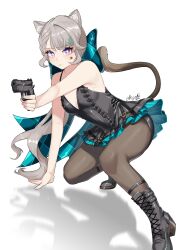 Rule 34 | 1girl, absurdres, adapted costume, animal ears, aqua bow, bare arms, bare shoulders, black dress, black footwear, black pantyhose, boots, bow, breasts, cat ears, cat tail, cleavage, commentary, commentary request, cross-laced footwear, dress, facial mark, genshin impact, grey hair, gun, hair bow, handgun, highres, holding, holding gun, holding weapon, lace-up boots, long hair, looking at viewer, lynette (genshin impact), microdress, nesaki, pantyhose, purple eyes, shadow, sleeveless, sleeveless dress, small breasts, solo, spaghetti strap, star (symbol), tail, very long hair, weapon, white background