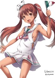 Rule 34 | 10s, 1girl, arm up, armpits, artist name, blush, breasts, brown eyes, brown hair, character name, dark skin, dark-skinned female, dress, fang, flag, hat, italian flag, kantai collection, libeccio (kancolle), long hair, no bra, open mouth, ribbon, sakiyamama, short dress, side slit, sideboob, simple background, sleeveless, sleeveless dress, small breasts, smile, solo, twintails, white background