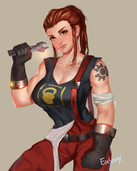 Rule 34 | 1girl, arm tattoo, belt, belt buckle, breasts, brigitte (overwatch), brown hair, buckle, cleavage, collarbone, easonx, english text, facing viewer, gloves, green eyes, high ponytail, highres, holding, holding wrench, large breasts, long hair, looking at viewer, muscular, navel, overalls, overwatch, overwatch 1, parted lips, ponytail, print shirt, red hair, shirt, shoulder tattoo, sleeveless, standing, tank top, tattoo, tool, tools, wrench