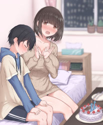 Rule 34 | 1boy, 1girl, absurdres, age difference, bed, birthday cake, black hair, blue hoodie, blush, bob cut, breasts, brown eyes, brown hair, bushoshan, cake, child, clapping, cleavage, closed eyes, collarbone, food, highres, hood, hoodie, huge breasts, large breasts, layered sleeves, long sleeves, no pants, on bed, onee-shota, ribbed sweater, short hair, short over long sleeves, short sleeves, shorts, sitting, size difference, striped clothes, striped shorts, sweater, thighs