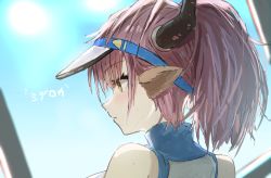 Rule 34 | 1girl, animal ears, arknights, bare shoulders, black hat, blue sky, brown eyes, closed mouth, cow ears, cow horns, day, hat, highres, horn/wood, horns, official alternate costume, outdoors, ponytail, purple hair, short ponytail, sideroca (arknights), sideroca (light breeze) (arknights), sky, sleeveless, solo, sun, translation request, upper body, visor cap, wet