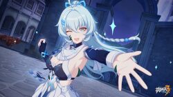 Rule 34 | 1girl, :d, ahoge, armpits, blue eyes, blue gloves, blue hair, blue nails, braid, breasts, cleavage, detached sleeves, fingerless gloves, gloves, hair between eyes, high ponytail, highres, honkai (series), honkai impact 3rd, light blue hair, logo, looking at viewer, medium breasts, official art, official wallpaper, one eye closed, open hand, open mouth, outdoors, outstretched arm, ponytail, shigure kira, sideboob, single glove, sky, smile, star (symbol), upper body