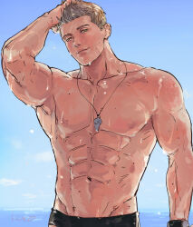 Rule 34 | 1boy, abs, artist name, bara, brown hair, closed mouth, highres, kuconoms, large pectorals, male focus, muscular, muscular male, navel, nipples, pectorals, piers nivans, resident evil, resident evil 6, short hair, smile, solo, wet, wet face, wet hair, whistle, whistle around neck