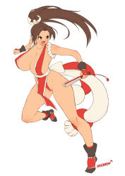 Rule 34 | 1girl, arm up, breasts, brown eyes, brown hair, cleavage, collarbone, fatal fury, full body, highres, holding, long hair, nestkeeper, ninja, open mouth, pelvic curtain, revealing clothes, shiranui mai, simple background, sleeveless, solo, the king of fighters, thighs, white background