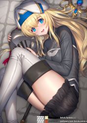 Rule 34 | 1girl, :d, black shorts, blonde hair, blue eyes, blush, boots, breasts, brick (atelier brick), feet out of frame, female focus, goblin slayer!, grey footwear, helm, helmet, long hair, long sleeves, looking at viewer, lying, medium breasts, on floor, on side, open mouth, priestess (goblin slayer!), shorts, smile, solo, staff, stone floor, thigh boots, very long hair, white headwear