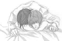 Rule 34 | 00s, 2boys, bed sheet, death note, closed eyes, male focus, mikami teru, monochrome, multiple boys, open mouth, sketch, yagami light, yaoi
