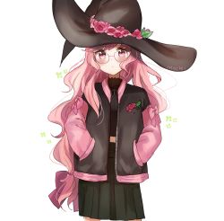 Rule 34 | 1girl, :o, black jacket, black skirt, blush, cowboy shot, flower, glasses, hands in opposite sleeves, hat, hat flower, highres, jacket, long hair, long sleeves, looking at viewer, mochii, original, oversized clothes, parted lips, pink eyes, pink hair, pleated skirt, signature, simple background, skirt, solo, standing, very long hair, white background, witch hat