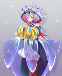 Rule 34 | 1girl, bare shoulders, commentary request, detached sleeves, dress, fire emblem, fire emblem heroes, grey background, grey hair, hair over one eye, highres, hood, hood up, jewelry, kvasir (fire emblem), looking at viewer, multicolored hair, nintendo, one eye covered, pink hair, pom pom (cheerleading), red eyes, red thighhighs, shadow, short hair, simple background, solo, thighhighs, twitter username, two-tone hair, white dress, yutohiroya
