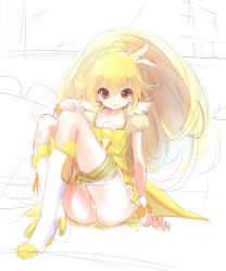 Rule 34 | 10s, 1girl, bike shorts, bike shorts under skirt, blonde hair, blush, boots, bow, choker, clothes pull, cure peace, dress, hair flaps, hair ornament, kise yayoi, long hair, magical girl, ponytail, precure, pussy, pussy juice, shorts, shorts pull, shorts under skirt, sitting, sketch, skirt, smile, smile precure!, solo, sora to umi, uncensored, wrist cuffs, yellow bow, yellow dress, yellow eyes, yellow shorts, yellow skirt, yellow theme