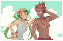 Rule 34 | 1boy, 1girl, arm behind head, black hair, closed eyes, creatures (company), dark-skinned female, dark-skinned male, dark skin, flower, game freak, green hair, hair flower, hair ornament, hand on own hip, hand up, index finger raised, jewelry, kiawe (pokemon), komasawa (fmn-ppp), looking at another, mallow (pokemon), multicolored hair, navel, necklace, nintendo, open mouth, pokemon, pokemon sm, red hair, smile, topless male, twintails, two-tone hair