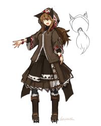 Rule 34 | 1girl, animal ears, artist name, belt, belt pouch, boots, brown hair, brown skirt, coat, fang, full body, hair between eyes, hood, hood up, lansane, long hair, long sleeves, looking at viewer, open mouth, original, outstretched arm, pantyhose, sidelocks, sketch, skirt, smile, snow boots, solo, tsana (lansane), white background, wide sleeves, winter clothes, winter coat, wolf ears, wristband, yellow eyes