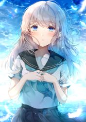 Rule 34 | 1girl, backlighting, black sailor collar, black skirt, blouse, blue eyes, blue neckerchief, blush, cloud, commentary, day, english commentary, feathers, hands up, highres, long hair, looking at viewer, namamake, neckerchief, original, outdoors, own hands together, parted lips, pleated skirt, sailor collar, school uniform, serafuku, shirt, short sleeves, skirt, solo, water, white feathers, white hair, white shirt, wind