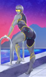 Rule 34 | 1girl, absurdres, alternate hair color, alternate hair length, alternate hairstyle, ass, bad id, bad pixiv id, bodypaint, breasts, colored skin, commentary, english commentary, female seth (street fighter), full body, glasses, grey hair, grey skin, highres, large breasts, leg lift, lips, looking back, metal skin, mountainous horizon, muscular, muscular female, neon trim, night, official alternate costume, opaque glasses, painted clothes, plantar flexion, pool, pool ladder, poolside, safety glasses, short hair, skellyto, sky, soles, solo, star (sky), starry sky, street fighter, street fighter v, thick thighs, thighs, tinted eyewear, toes, twitter username, yellow-tinted eyewear