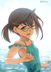 Rule 34 | 1girl, blue-framed eyewear, blue one-piece swimsuit, brown hair, ebizome, glasses, green eyes, green one-piece swimsuit, kantai collection, multicolored hair, official style, okinami (kancolle), one-piece swimsuit, one eye closed, pink hair, ponytail, short hair, signature, smile, solo, swimsuit, twitter username