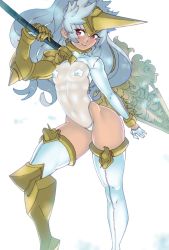 Rule 34 | 1girl, abs, arched back, armor, armored boots, blue hair, boots, breasts, gauntlets, gloves, helmet, horns, leotard, lips, long hair, looing to the side, muscular, muscular female, on shoulder, original, pasties, polearm, red eyes, see-through, single gauntlet, single glove, single horn, small breasts, solo, spear, thigh boots, thighhighs, thighs, weapon, white background, ziromaru