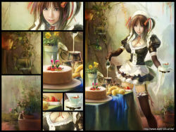 Rule 34 | 1girl, apple, banana, breasts, brown hair, cake, candle, cleavage, eat, eat0123, elbow gloves, flower, food, fruit, garden, garter belt, gloves, hair ribbon, holding, legs, maid, original, pastry, photorealistic, plant, realistic, ribbon, solo, strawberry, thighhighs, twintails, vines