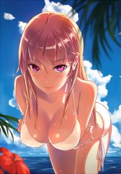 Rule 34 | 1girl, bad id, bad pixiv id, bare shoulders, bent over, bikini, blonde hair, blush, breast hold, breasts, cleavage, cloud, collarbone, day, earrings, flower, hanging breasts, hibiscus, jewelry, large breasts, leaning forward, long hair, looking at viewer, mole, mole under eye, nature, ocean, original, outdoors, phantania, pink eyes, red hair, side-tie bikini bottom, sky, smile, solo, sunlight, swimsuit, water, wet, wet hair, white bikini