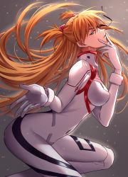 Rule 34 | 1girl, absurdres, ass, blue eyes, bodysuit, breasts, brown hair, evangelion: 3.0+1.0 thrice upon a time, eyepatch, unworn eyepatch, gradient background, hair ornament, hairclip, highres, long hair, looking at viewer, looking to the side, medium breasts, neon genesis evangelion, plugsuit, rebuild of evangelion, solo, souryuu asuka langley, very long hair, white bodysuit