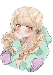 Rule 34 | 1girl, asahi sou, blonde hair, blush, braid, commentary request, cropped torso, fujita kotone, gakuen idolmaster, hair ribbon, hand on own cheek, hand on own face, highres, idolmaster, jacket, light smile, long hair, long sleeves, looking at viewer, multicolored clothes, multicolored jacket, ribbon, shirt, simple background, solo, twin braids, upper body, white background, yellow eyes, yellow shirt