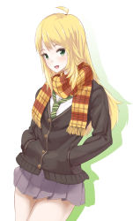 Rule 34 | 1girl, blonde hair, cosplay, green eyes, green necktie, grey skirt, hands in pockets, hoshii miki, idolmaster, idolmaster (classic), long hair, looking at viewer, necktie, open mouth, pleated skirt, scarf, shibuya rin, shibuya rin (cosplay), simple background, skirt, solo, tamakaga, white background