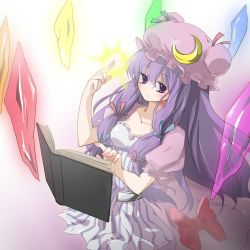 Rule 34 | 1girl, adapted costume, bad id, bad pixiv id, book, breasts, collarbone, crescent, crystal, female focus, floating, floating object, hat, long hair, magic, open book, patchouli knowledge, pointing, purple eyes, purple hair, solo, touhou, zhao shuwen