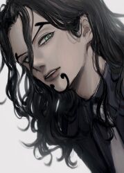 Rule 34 | 1boy, black hair, black shirt, blue eyes, blurry border, close-up, facial hair, goatee, hair behind ear, hair between eyes, highres, long hair, looking at viewer, male focus, necktie, one piece, parted lips, rob lucci, shirt, solo, v-shaped eyebrows, white background, white necktie, yl notsad