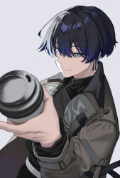 Rule 34 | 1boy, aogiri eito, black hair, blue hair, cup, disposable cup, earrings, gradient hair, grey eyes, highres, holding, holding cup, jacket, jewelry, long sleeves, looking at viewer, lucio (lucioooo38), male focus, multicolored hair, neo-porte, short hair, smile, solo, virtual youtuber