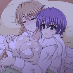 Rule 34 | 2girls, ahoge, alternate costume, bed, blush, grabbing another&#039;s breast, breasts squeezed together, breasts, cleavage, collared shirt, covered erect nipples, grabbing, groping, kano-0724, large breasts, looking at another, lying, lyrical nanoha, mahou shoujo lyrical nanoha, mahou shoujo lyrical nanoha strikers, multiple girls, open mouth, orange hair, pajamas, purple hair, shirt, simple background, sleep molestation, sleeping, smile, subaru nakajima, teana lanster, yuri